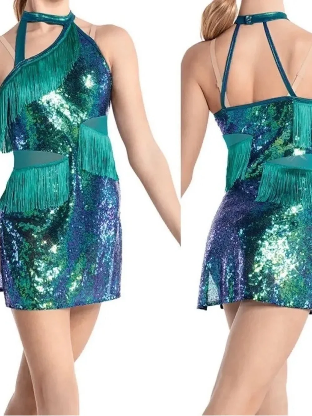 10th House by Revolution Dancewear Teal Sequin Fringe Dance Costume XSC